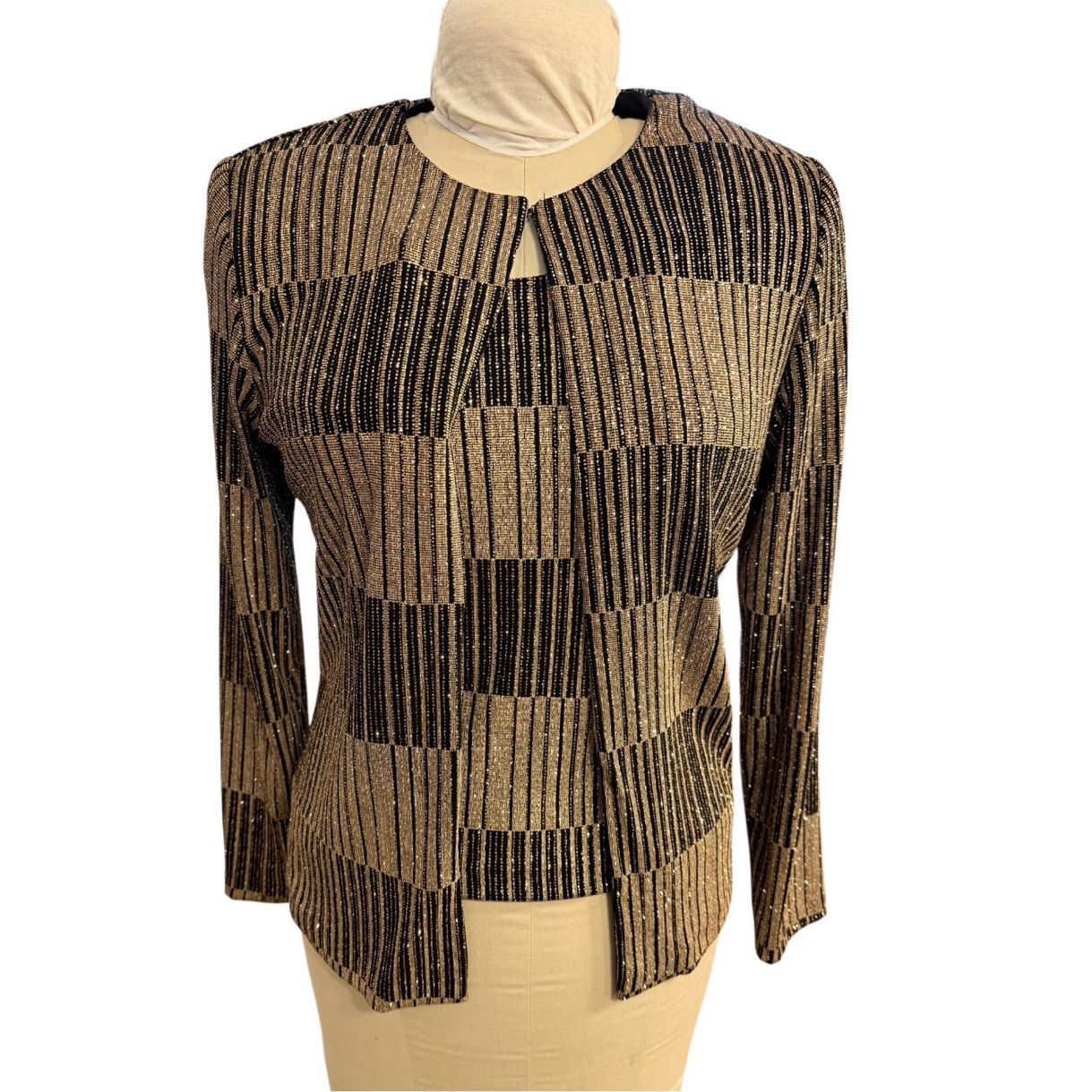 Xscape Vintage Gold & Black Glitter Striped Open Front Cardigan & Tank Medium